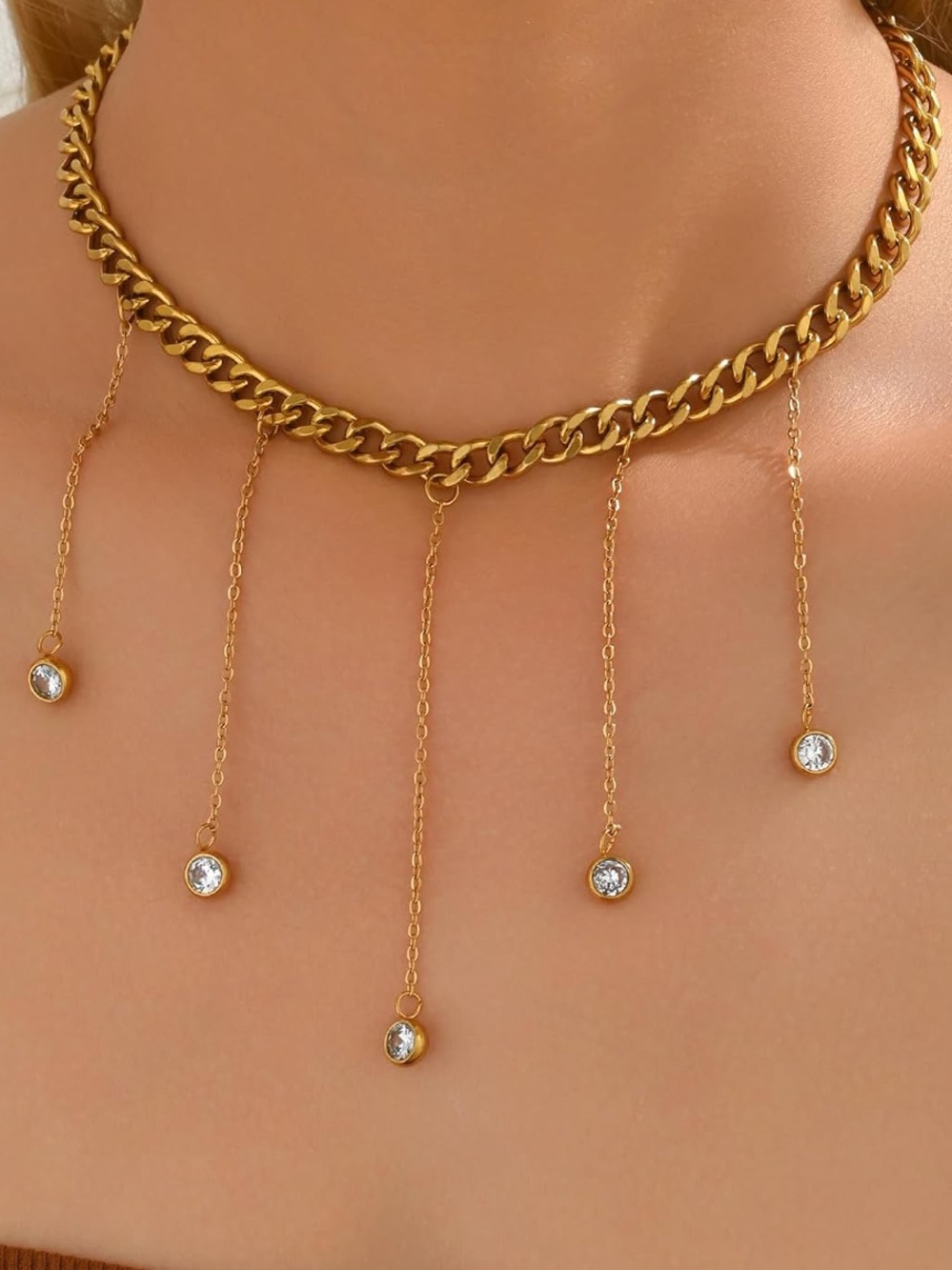Zara Gold-Tone Chain Choker with Dangling Crystal Drops